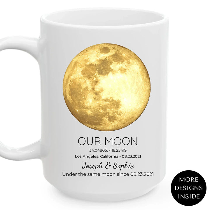 Personalized moon phase mug with custom date, coordinates, and names, perfect gift for couples, friends, and special milestones - ARTFULANE