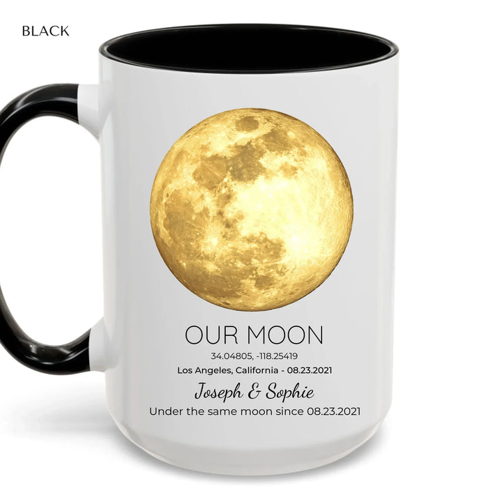 Personalized moon phase mug with custom date, coordinates, and names, perfect gift for couples, friends, and special milestones -accent coffee mug with black handle-ARTFULANE