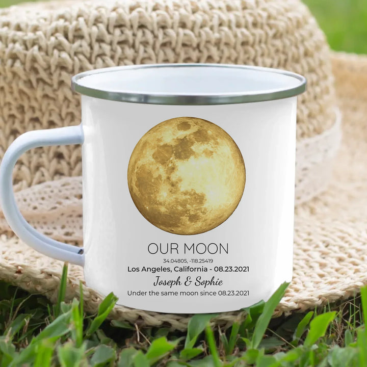 Personalized moon phase mug with custom date, coordinates, and names, perfect gift for couples, friends, and special milestones -enamel camping mug lifestyle-ARTFULANE