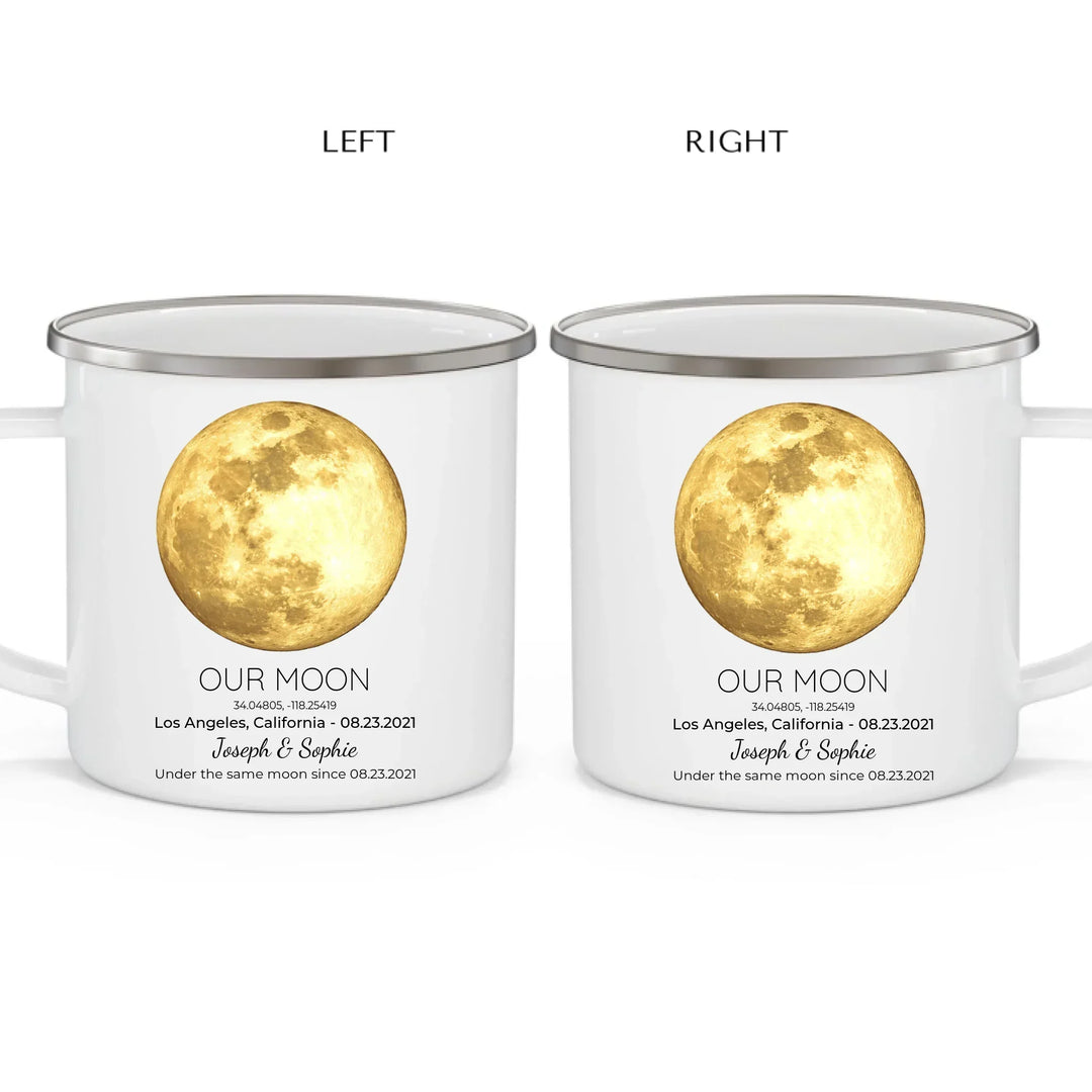Personalized moon phase mug with custom date, coordinates, and names, perfect gift for couples, friends, and special milestones -enamel camping mug 2 views-ARTFULANE