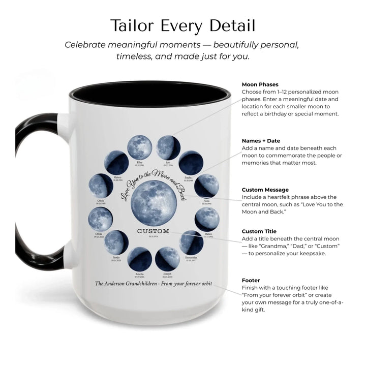 Custom moon phase mug with 1–12 names and dates in a circle design, personalized gift with central moon and message - Mug Customization Options-ARTFULANE