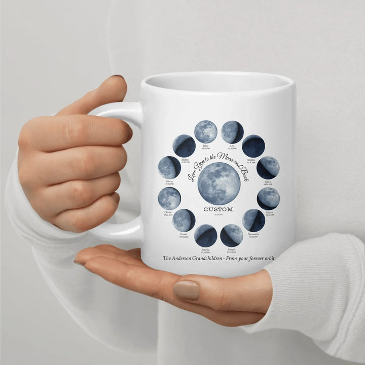 Custom moon phase mug with 1–12 names and dates in a circle design, personalized gift with central moon and message -ARTFULANE