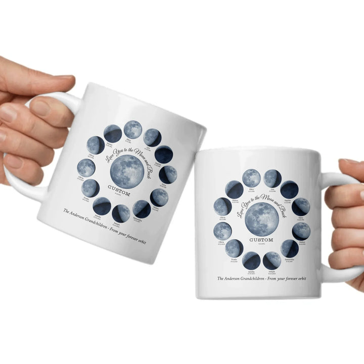 Custom moon phase mug with 1–12 names and dates in a circle design, personalized gift with central moon and message -ARTFULANE