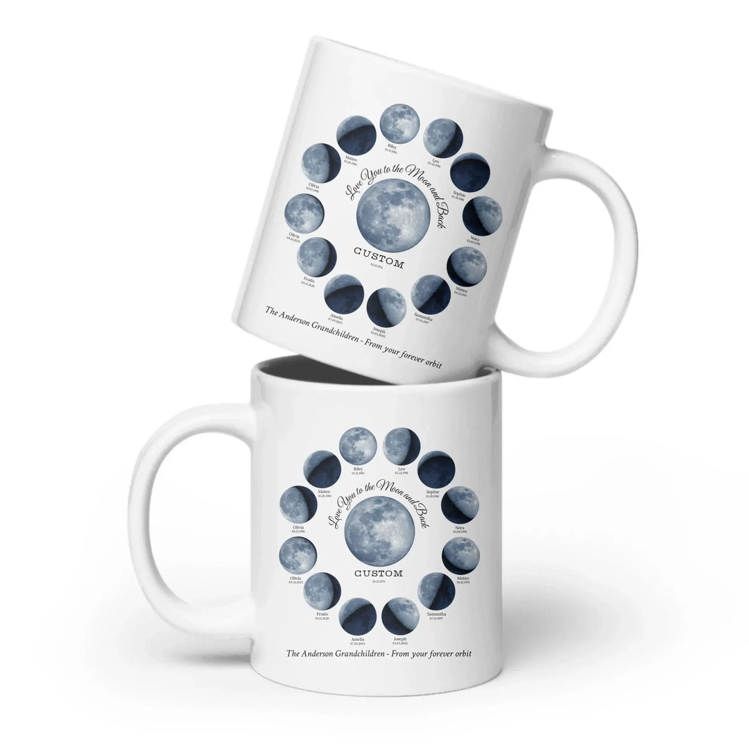 Custom moon phase mug with 1–12 names and dates in a circle design, personalized gift with central moon and message -ARTFULANE
