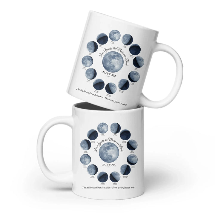 Custom moon phase mug with 1–12 names and dates in a circle design, personalized gift with central moon and message -ARTFULANE