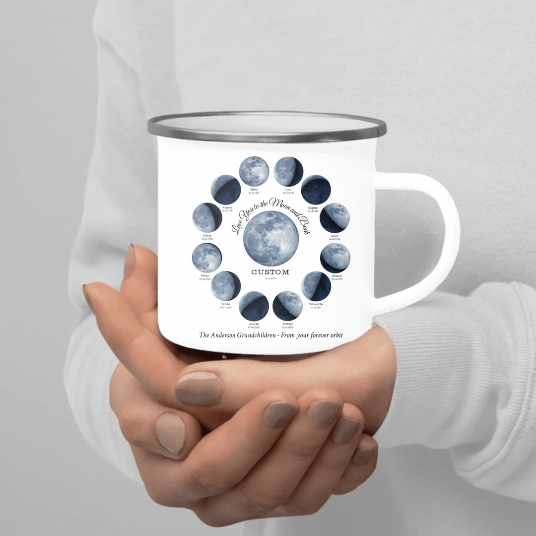 Custom moon phase mug with 1–12 names and dates in a circle design, personalized gift with central moon and message -enamel camping mug in hand-ARTFULANE