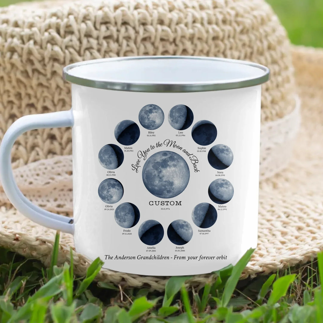 Custom moon phase mug with 1–12 names and dates in a circle design, personalized gift with central moon and message -enamel camping mug lifestyle-ARTFULANE