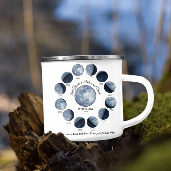 Custom moon phase mug with 1–12 names and dates in a circle design, personalized gift with central moon and message -enamel camping mug outdoors-ARTFULANE