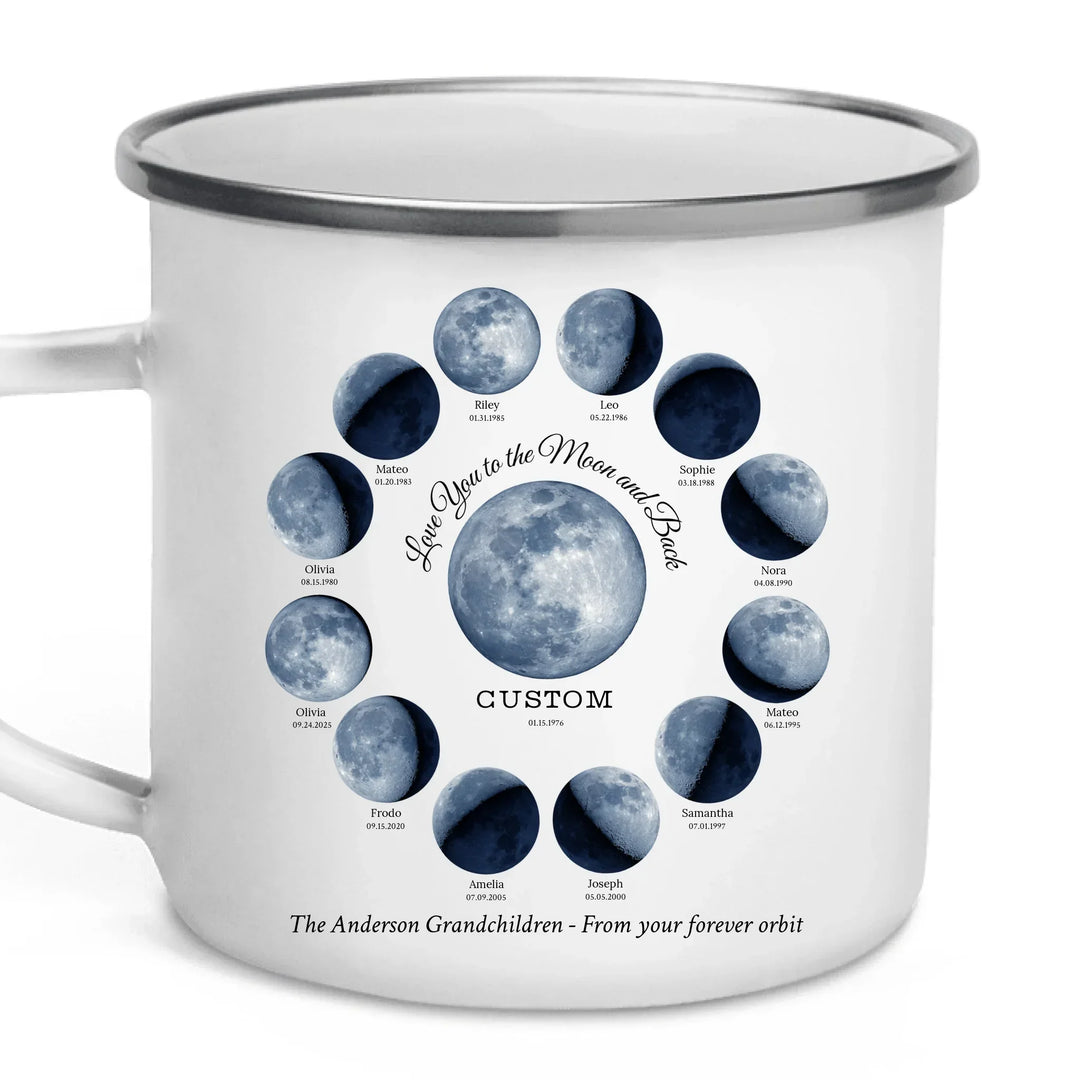 Custom moon phase mug with 1–12 names and dates in a circle design, personalized gift with central moon and message -enamel camping mug-ARTFULANE