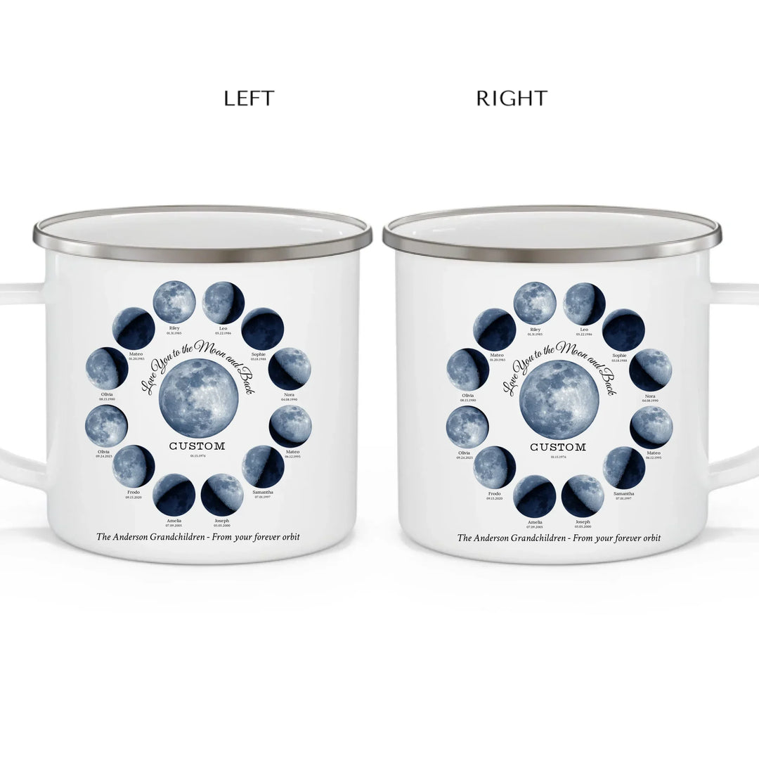 Custom moon phase mug with 1–12 names and dates in a circle design, personalized gift with central moon and message -enamel camping mug 2 views-ARTFULANE