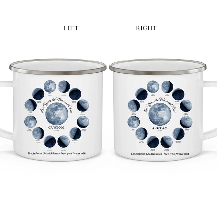 Custom moon phase mug with 1–12 names and dates in a circle design, personalized gift with central moon and message -enamel camping mug 2 views-ARTFULANE