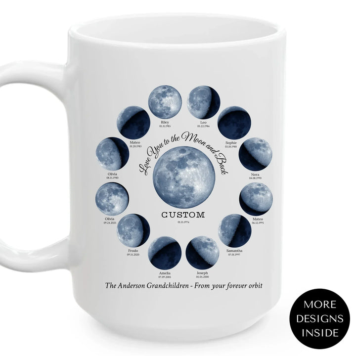 Custom moon phase mug with 1–12 names and dates in a circle design, personalized gift with central moon and message - ARTFULANE