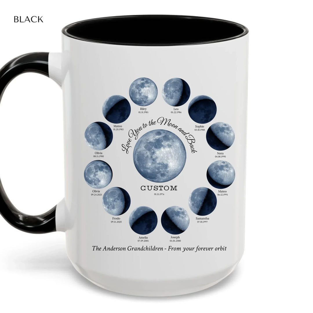 Custom moon phase mug with 1–12 names and dates in a circle design, personalized gift with central moon and message -ARTFULANE