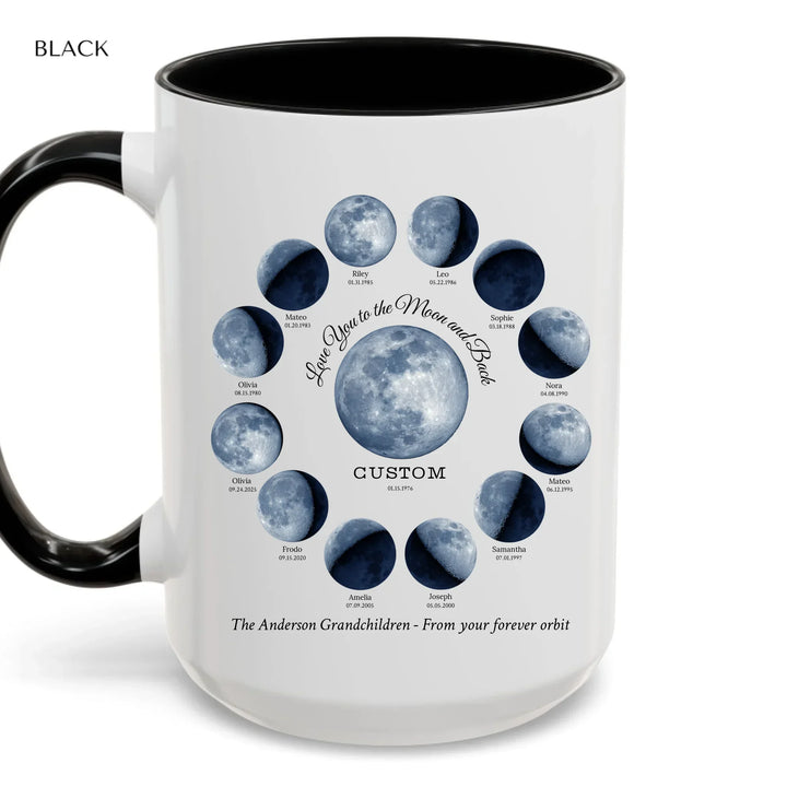 Custom moon phase mug with 1–12 names and dates in a circle design, personalized gift with central moon and message -ARTFULANE
