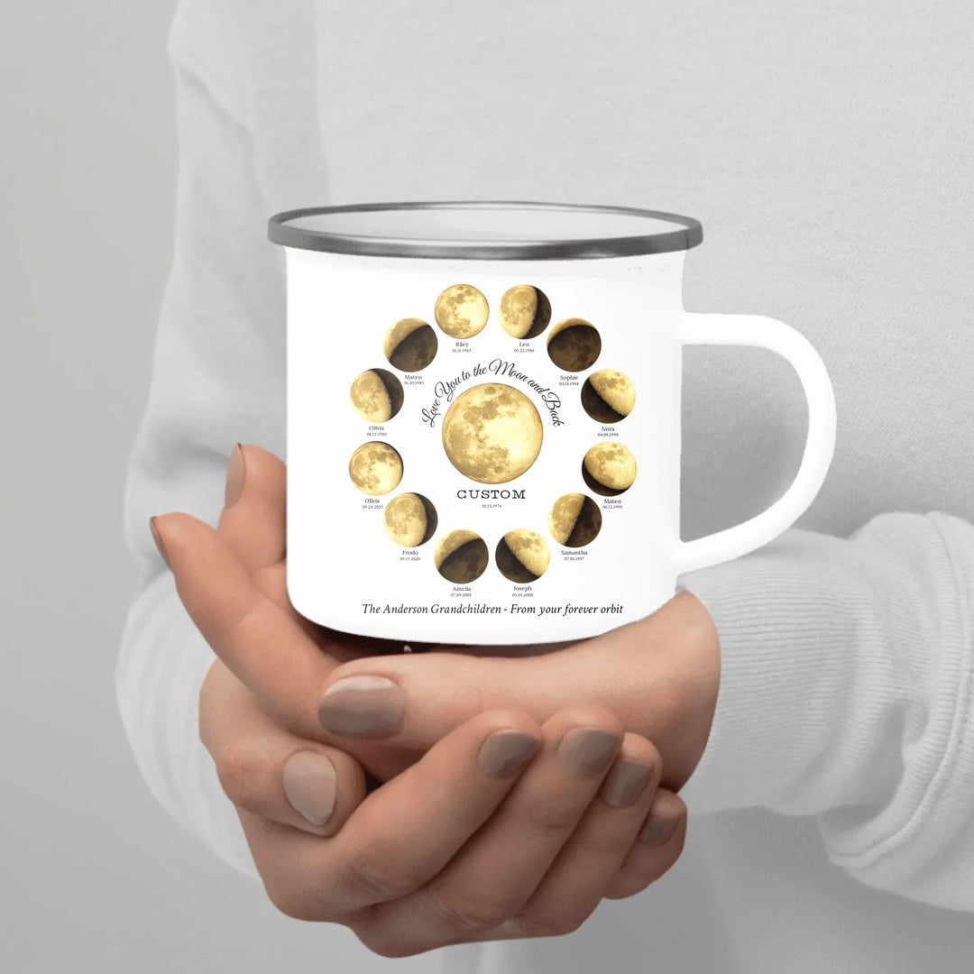 Custom moon phase mug with 1–12 names and dates in a circle design, personalized gift with central moon and message -enamel camping mug in hand-ARTFULANE