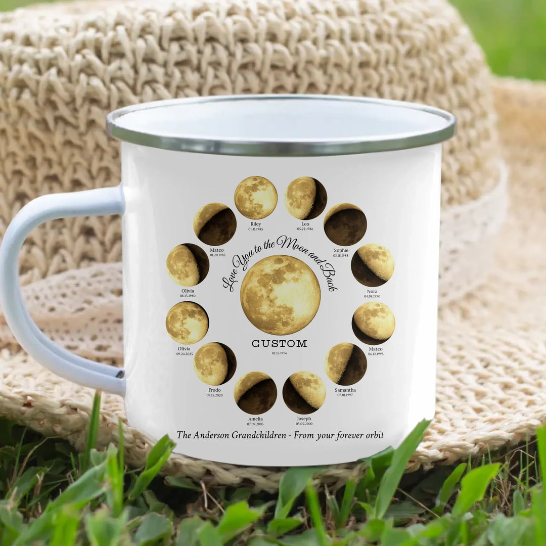 Custom moon phase mug with 1–12 names and dates in a circle design, personalized gift with central moon and message -enamel camping mug lifestyle-ARTFULANE