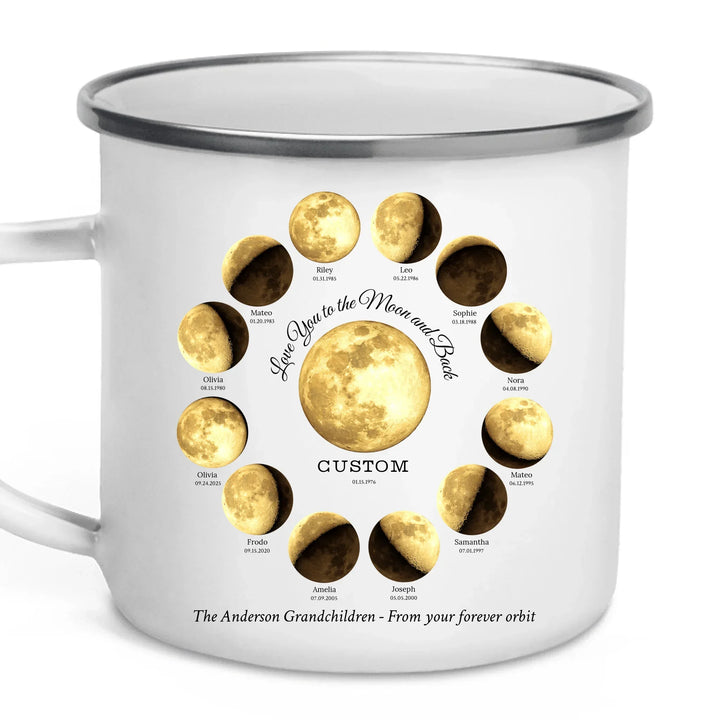 Custom moon phase mug with 1–12 names and dates in a circle design, personalized gift with central moon and message -enamel camping mug-ARTFULANE