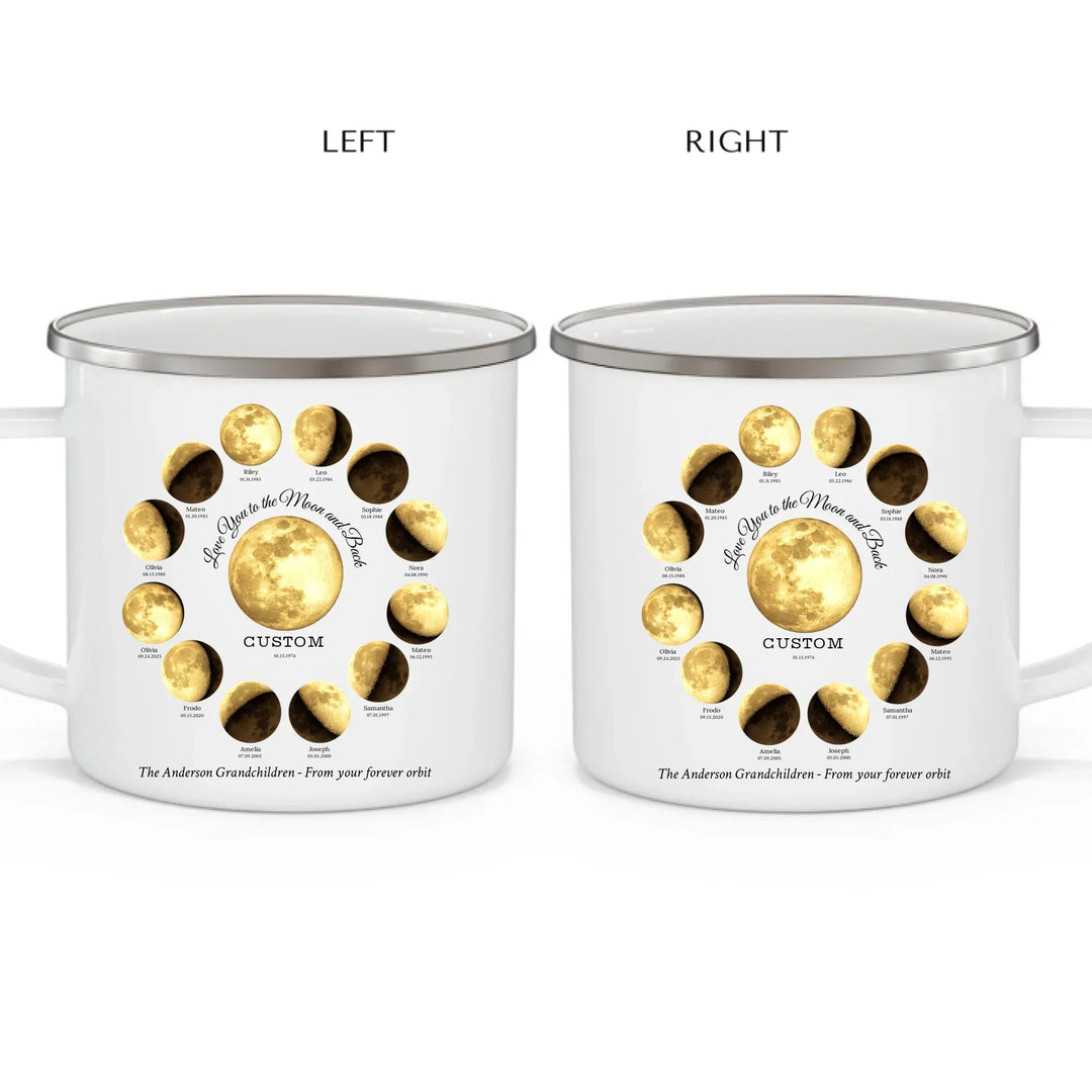 Custom moon phase mug with 1–12 names and dates in a circle design, personalized gift with central moon and message -enamel camping mug 2 views-ARTFULANE