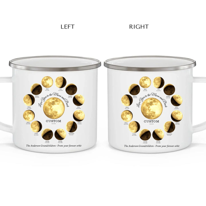 Custom moon phase mug with 1–12 names and dates in a circle design, personalized gift with central moon and message -enamel camping mug 2 views-ARTFULANE