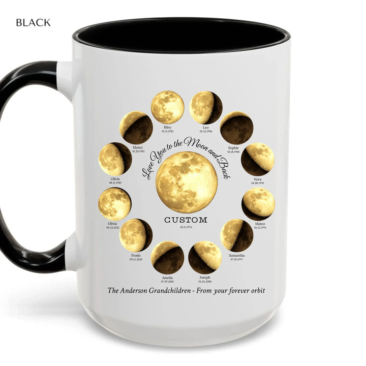 Custom moon phase mug with 1–12 names and dates in a circle design, personalized gift with central moon and message -ARTFULANE
