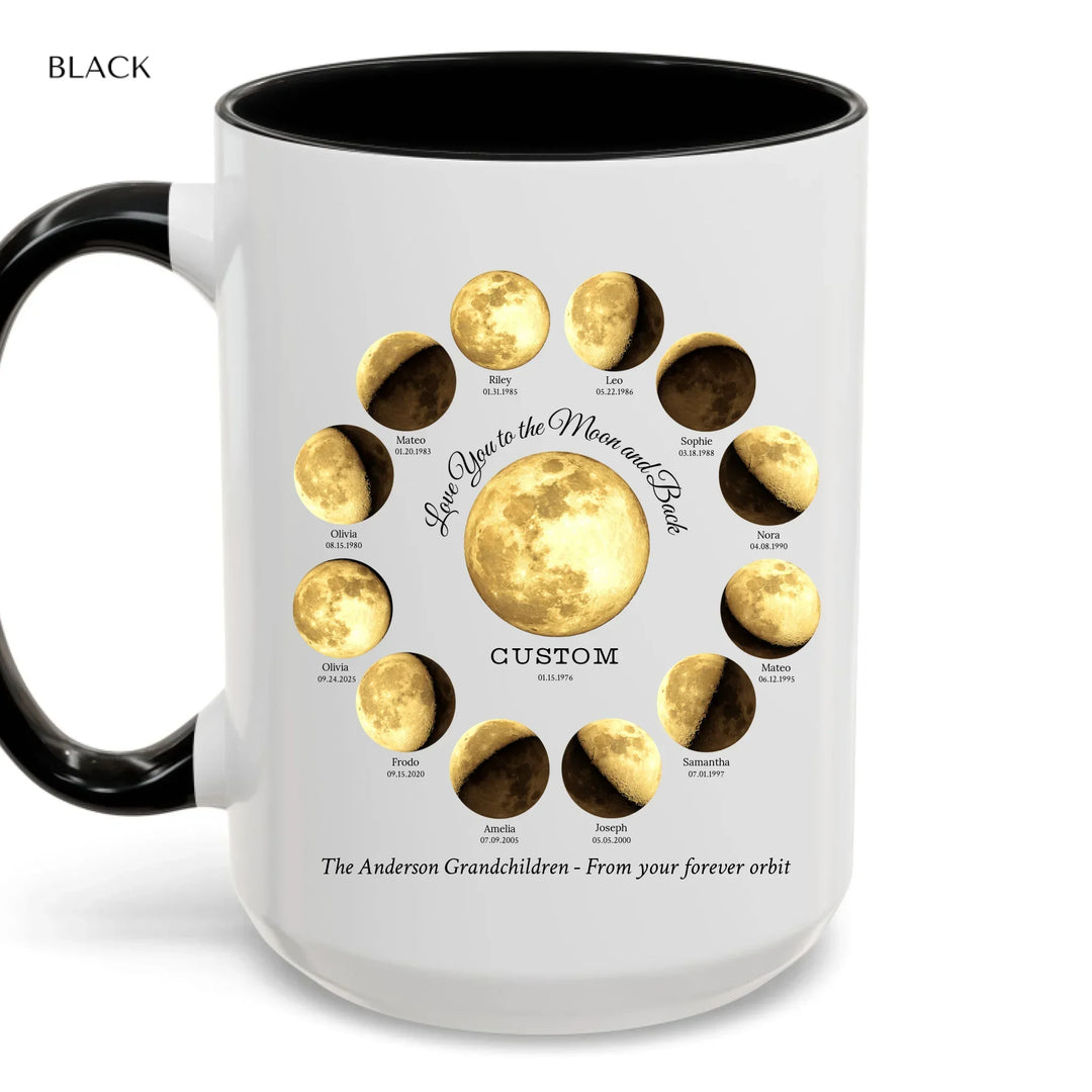 Custom moon phase mug with 1–12 names and dates in a circle design, personalized gift with central moon and message -ARTFULANE