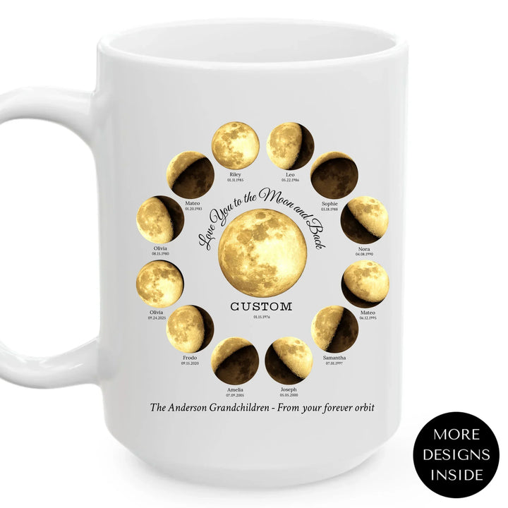 Custom moon phase mug with 1–12 names and dates in a circle design, personalized gift with central moon and message - ARTFULANE