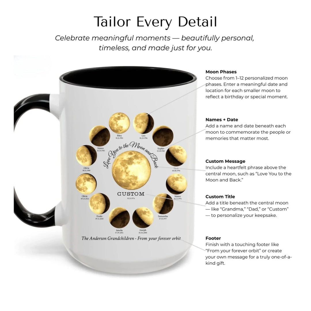 Custom golden moon phase mug with 1–12 names and dates in a circle design, personalized gift with central moon and message -Mug Customization Options-ARTFULANE