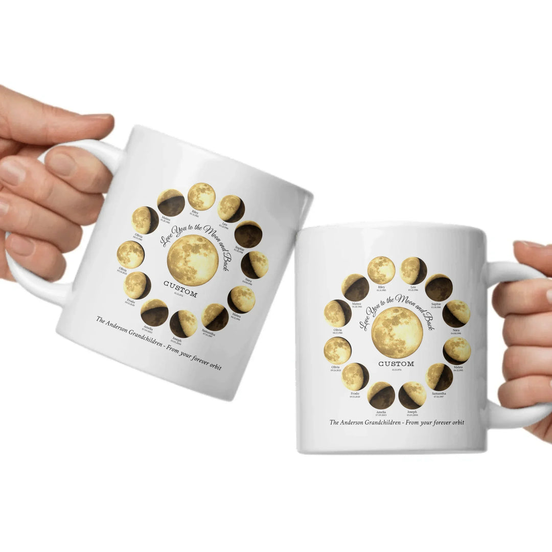 Custom moon phase mug with 1–12 names and dates in a circle design, personalized gift with central moon and message -ARTFULANE