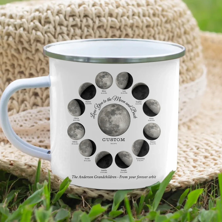 Custom moon phase mug with 1–12 names and dates in a circle design, personalized gift with central moon and message -enamel camping mug lifestyle-ARTFULANE