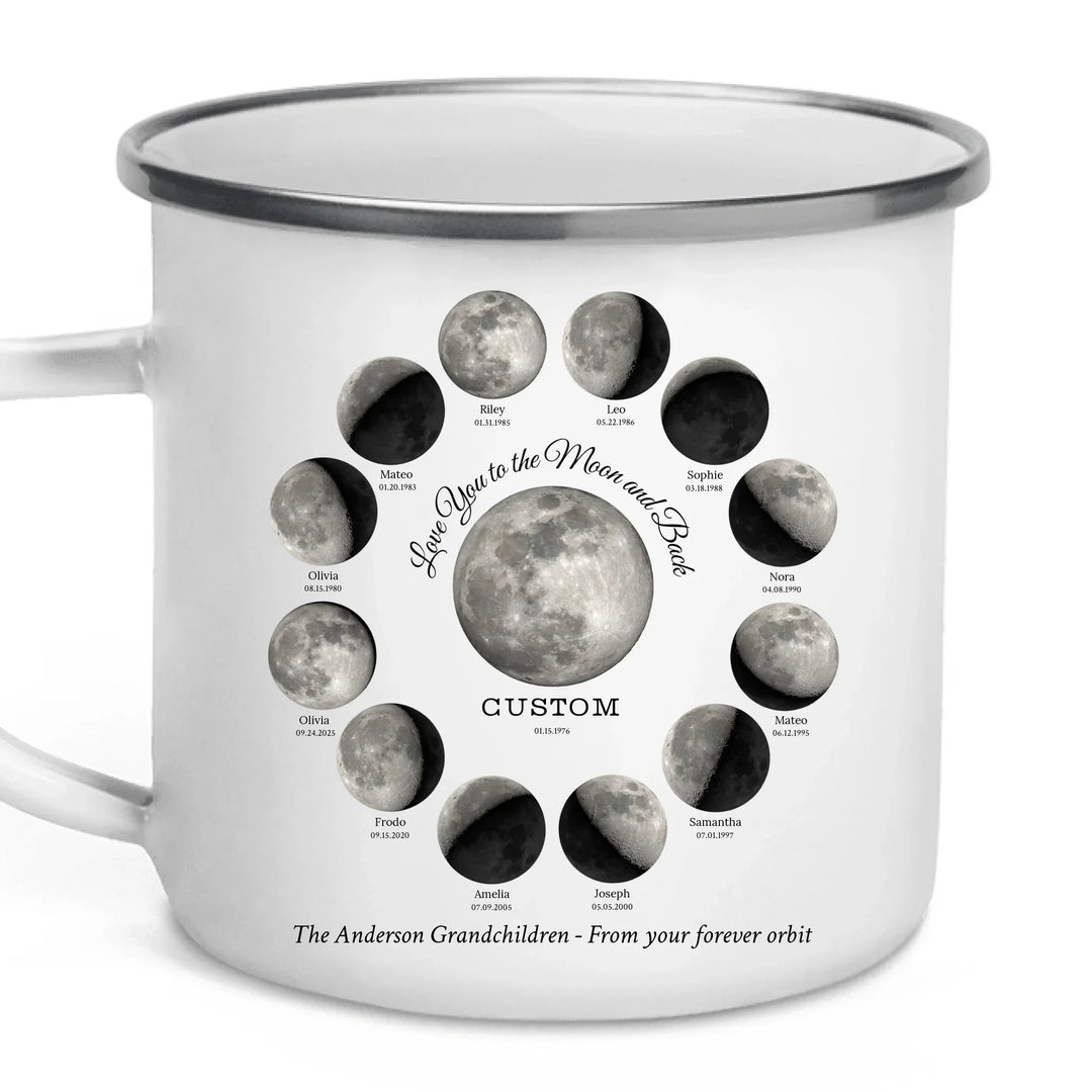 Custom moon phase mug with 1–12 names and dates in a circle design, personalized gift with central moon and message -enamel camping mug-ARTFULANE