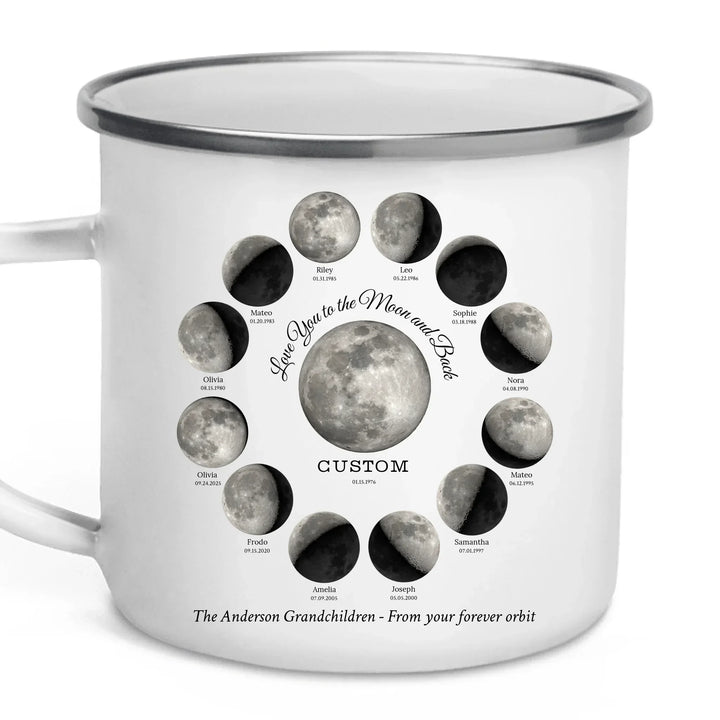 Custom moon phase mug with 1–12 names and dates in a circle design, personalized gift with central moon and message -enamel camping mug-ARTFULANE