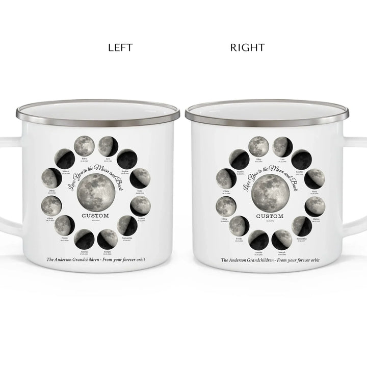Custom moon phase mug with 1–12 names and dates in a circle design, personalized gift with central moon and message -enamel camping mug 2 views-ARTFULANE
