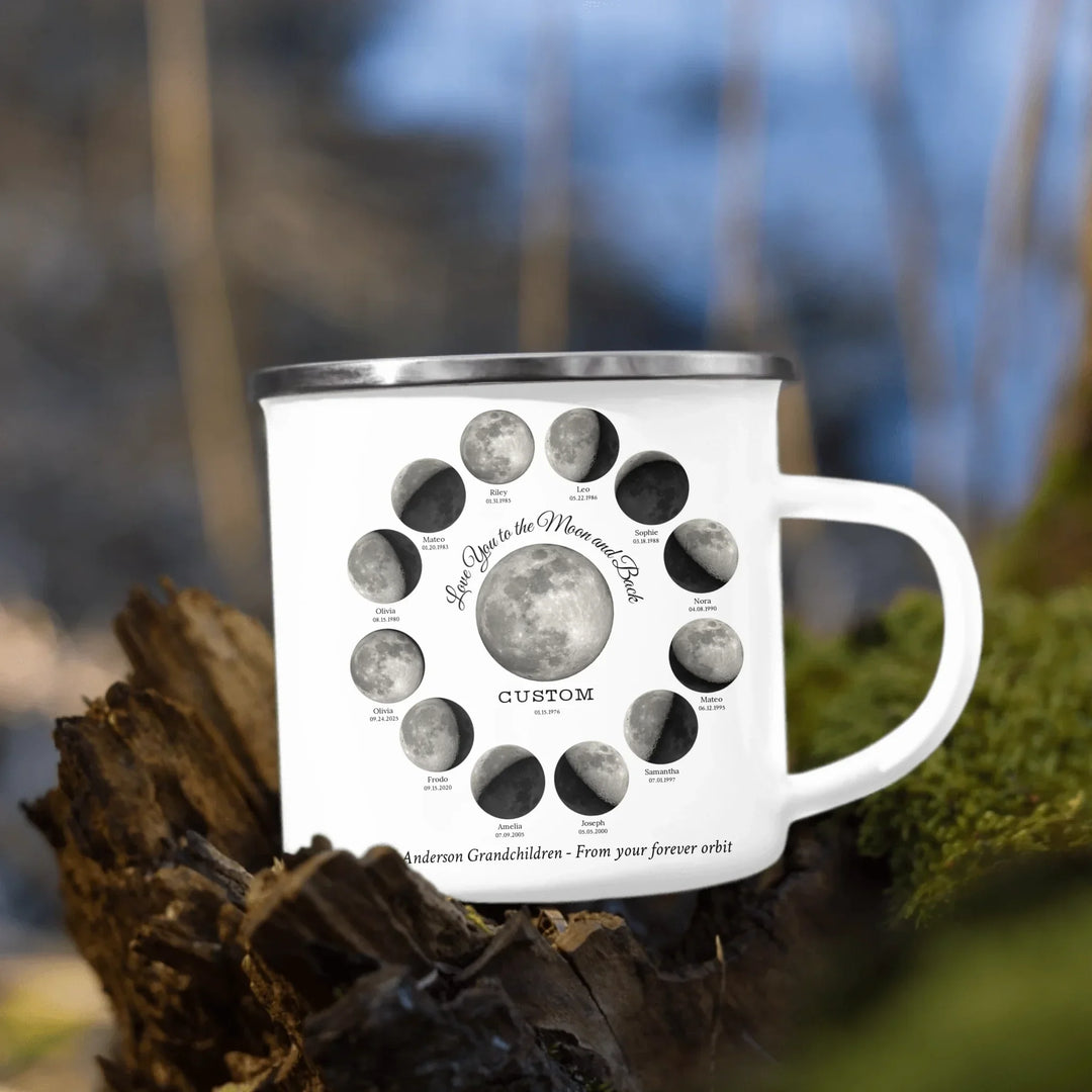 Custom moon phase mug with 1–12 names and dates in a circle design, personalized gift with central moon and message -enamel camping mug outdoors-ARTFULANE