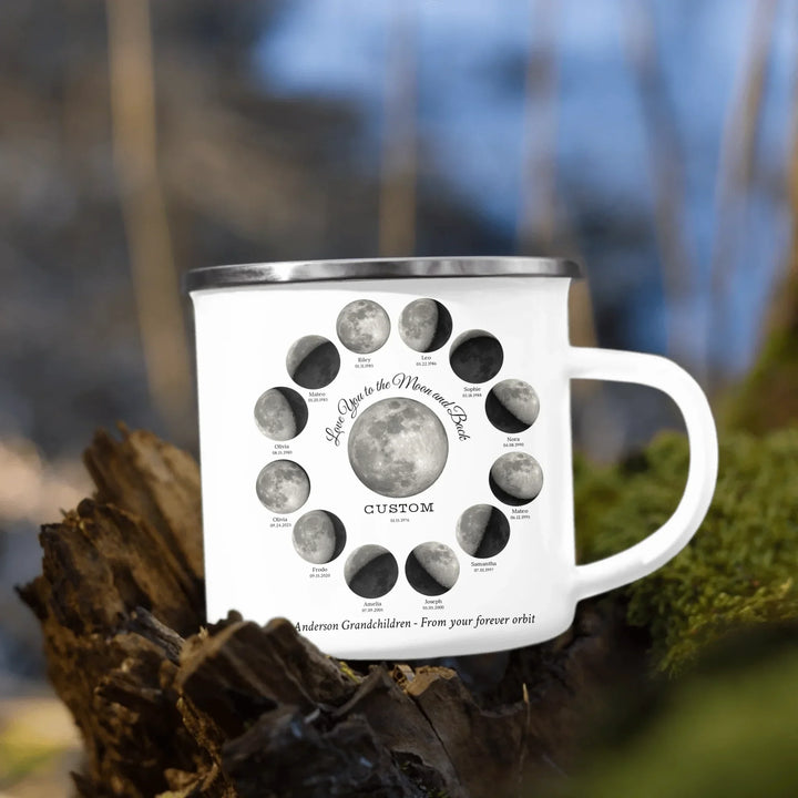 Custom moon phase mug with 1–12 names and dates in a circle design, personalized gift with central moon and message -enamel camping mug outdoors-ARTFULANE