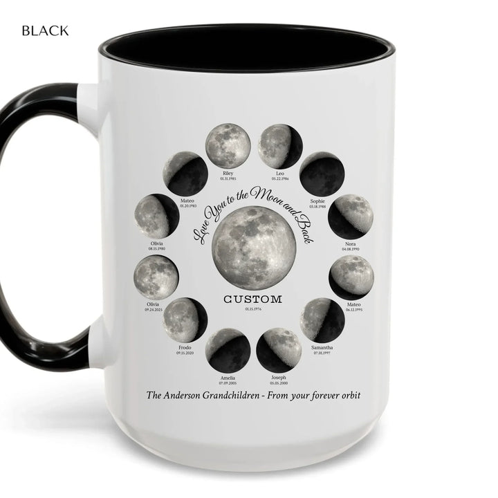 Custom moon phase mug with 1–12 names and dates in a circle design, personalized gift with central moon and message -ARTFULANE