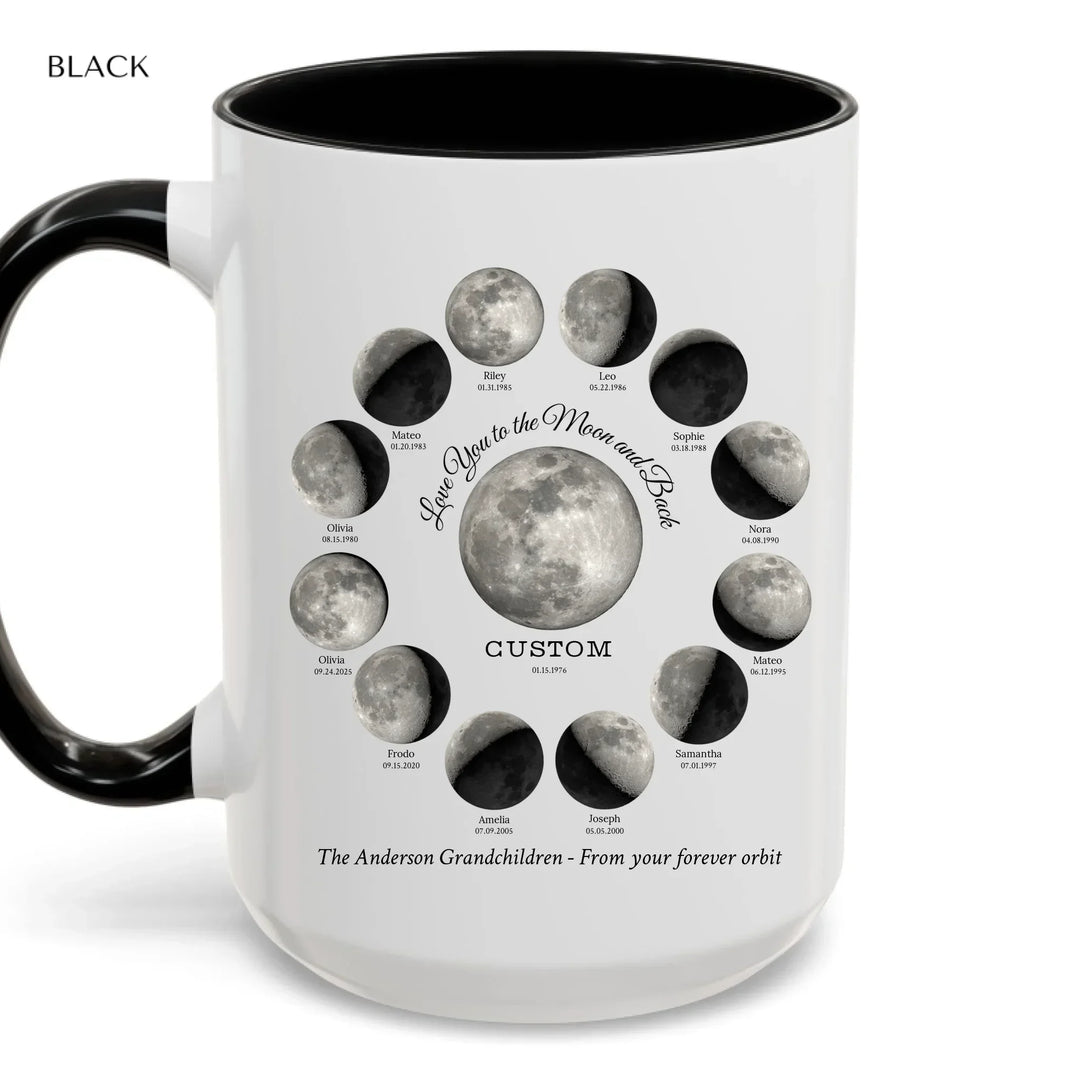 Custom moon phase mug with 1–12 names and dates in a circle design, personalized gift with central moon and message -ARTFULANE