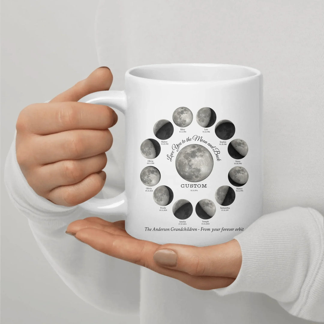 Custom moon phase mug with 1–12 names and dates in a circle design, personalized gift with central moon and message -ARTFULANE