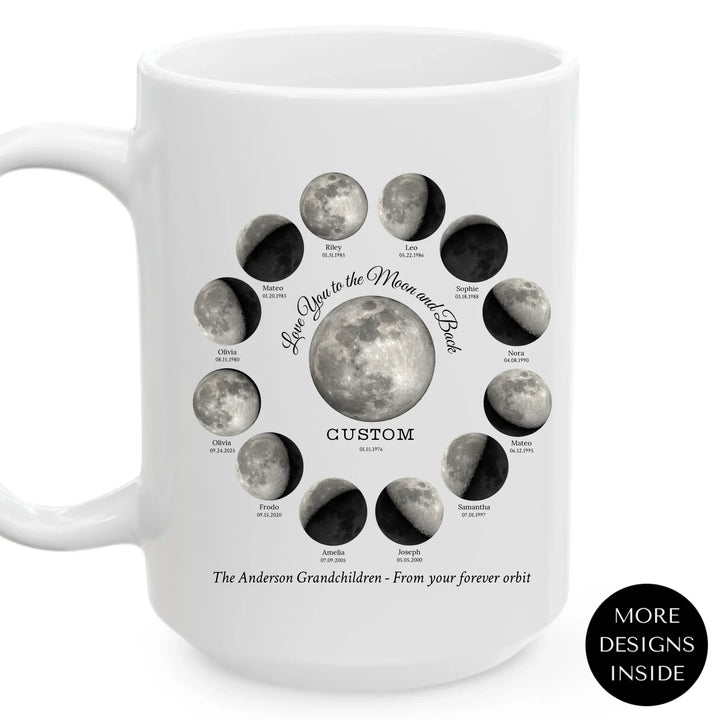 Custom moon phase mug with 1–12 names and dates in a circle design, personalized gift with central moon and message - ARTFULANE