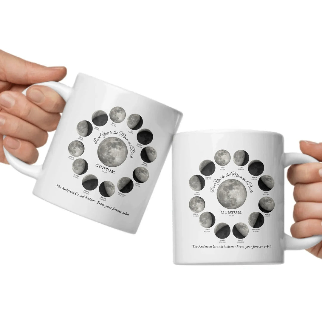 Custom moon phase mug with 1–12 names and dates in a circle design, personalized gift with central moon and message -ARTFULANE