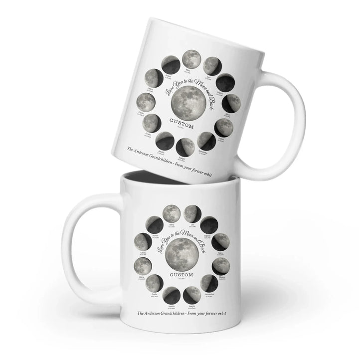 Custom moon phase mug with 1–12 names and dates in a circle design, personalized gift with central moon and message -ARTFULANE