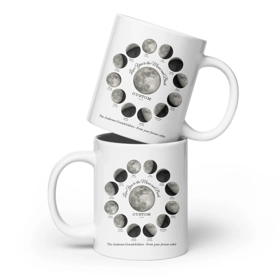 Custom moon phase mug with 1–12 names and dates in a circle design, personalized gift with central moon and message -ARTFULANE
