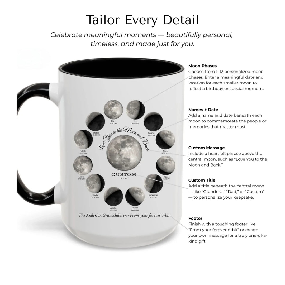 Custom moon phase mug with 1–12 names and dates in a circle design, personalized gift with central moon and message -Mug Customization Options-ARTFULANE