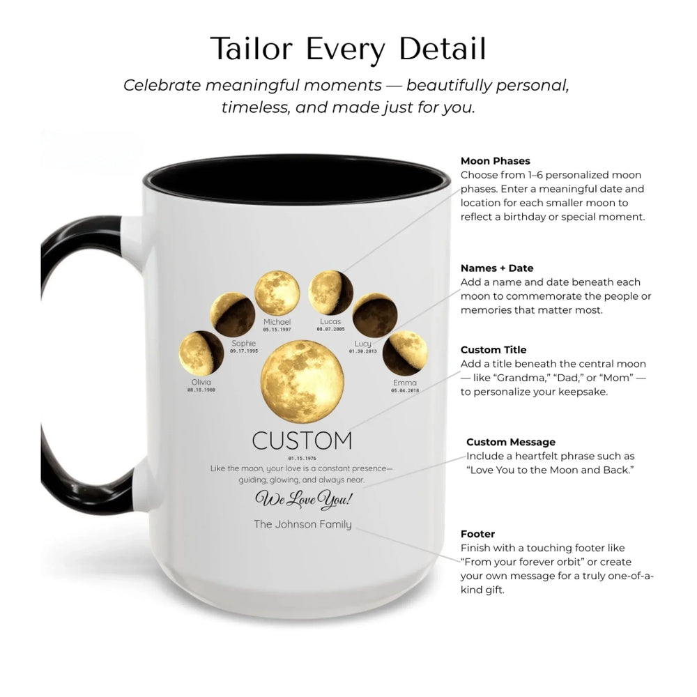 Personalized moon phase mug with 1–6 custom names and dates – sentimental family gift -Mug Customization Options-ARTFULANE