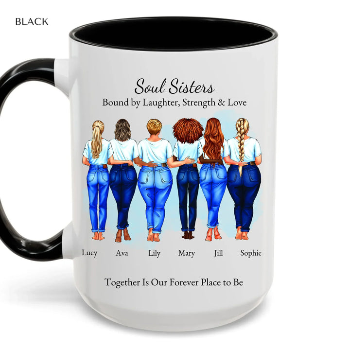 Custom soul sisters mug with illustrated group of best friends, matching outfits, names, and heartfelt quote – friendship gift -  accent coffee mug with black handle-ARTFULANE