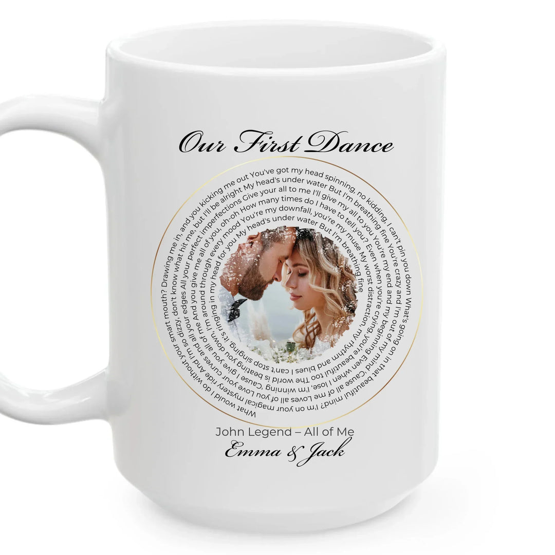 Custom song lyrics photo mug featuring circular text design and couple's picture – personalized gift for music lovers, couples, or anniversaries - ARTFULANE