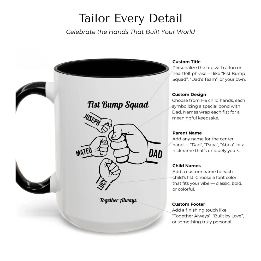 Personalized fist bump mug with parent or grandparent name and custom child names – custom gift for dad, mom, papa, or nana -Mug Customization Options-ARTFULANE