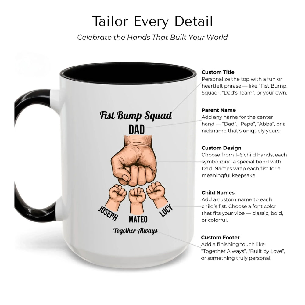 Personalized fist bump mug with parent or grandparent name and custom child names – custom gift for dad, mom, papa, or nana -How to Customize Mugs-Mug Customization Options-ARTFULANE