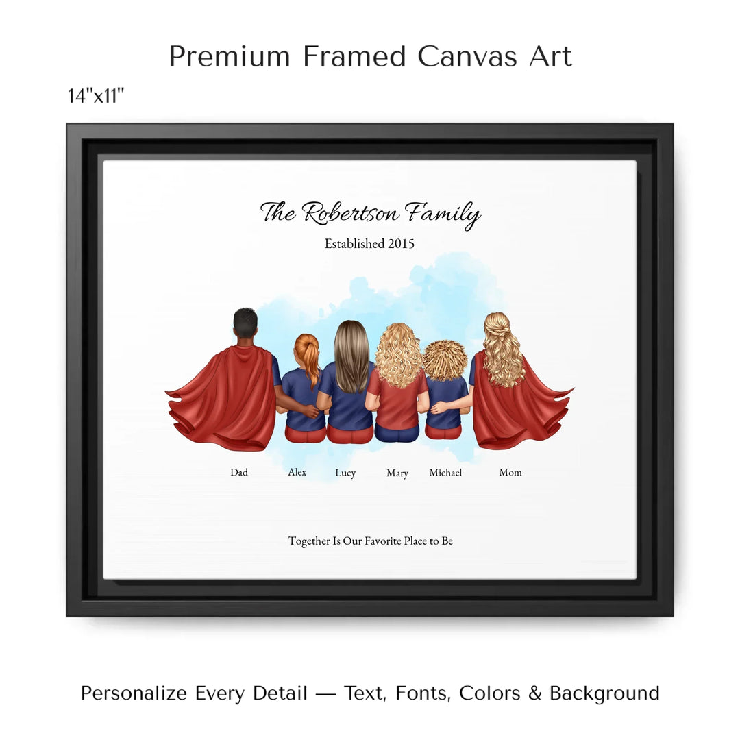 Illustrated superhero family portrait with 1 to 4 children, personalized outfits, skin tones, and watercolor background – custom wall art gift -14x11 framed canvas-ARTFULANE