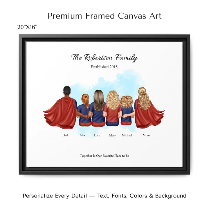 Illustrated superhero family portrait with 1 to 4 children, personalized outfits, skin tones, and watercolor background – custom wall art gift -20x16 framed canvas-ARTFULANE