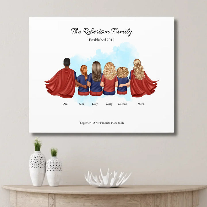 Illustrated superhero family portrait with 1 to 4 children, personalized outfits, skin tones, and watercolor background – custom wall art gift -unframed canvas on wall-ARTFULANE